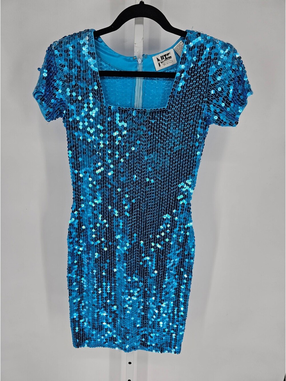 VTG NiteLine Women's Zip Up Short Sleeve Sequins Square Neck Blue Dress Size 4